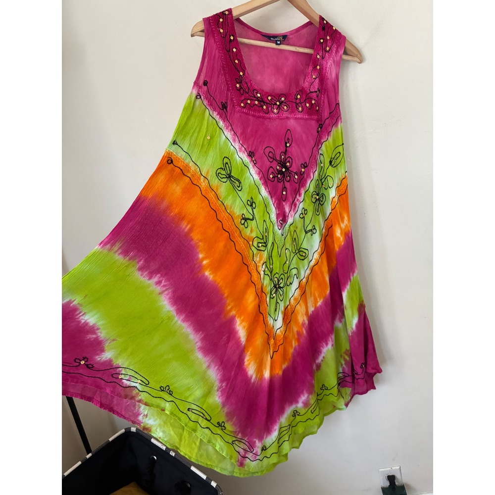 Riviera Sun Pink Green Orange Tie Dye Handkerchief Hem Embroidered Dress M Boho